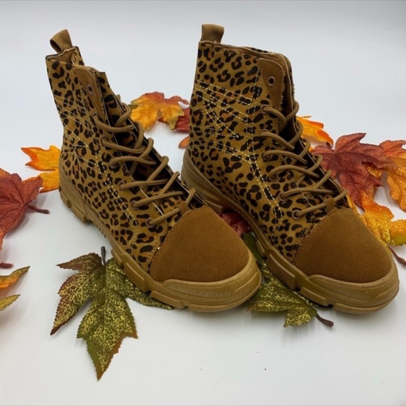 Canvas and faux suede leopard combat boots - Picture 4 of 8